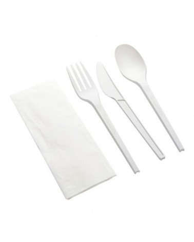 SET CUCHILLO + TENEDOR + CUCHARA SOPERA MAÍZ + SERVILLETA KRAFT